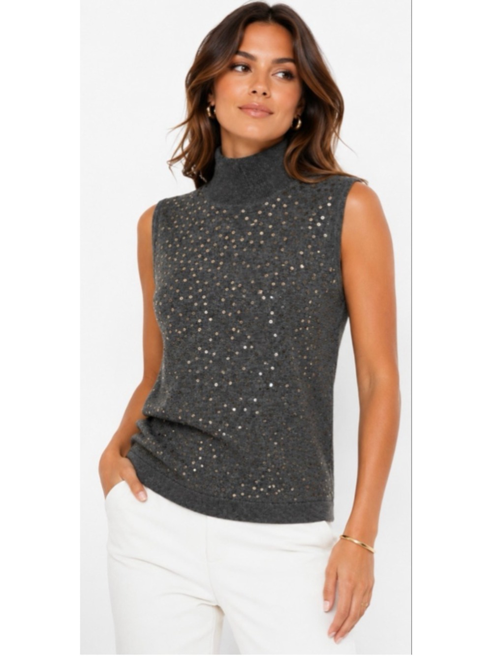 NWT MINNIEROSE Gray Sequin Sleeveless Turtleneck Sweater L